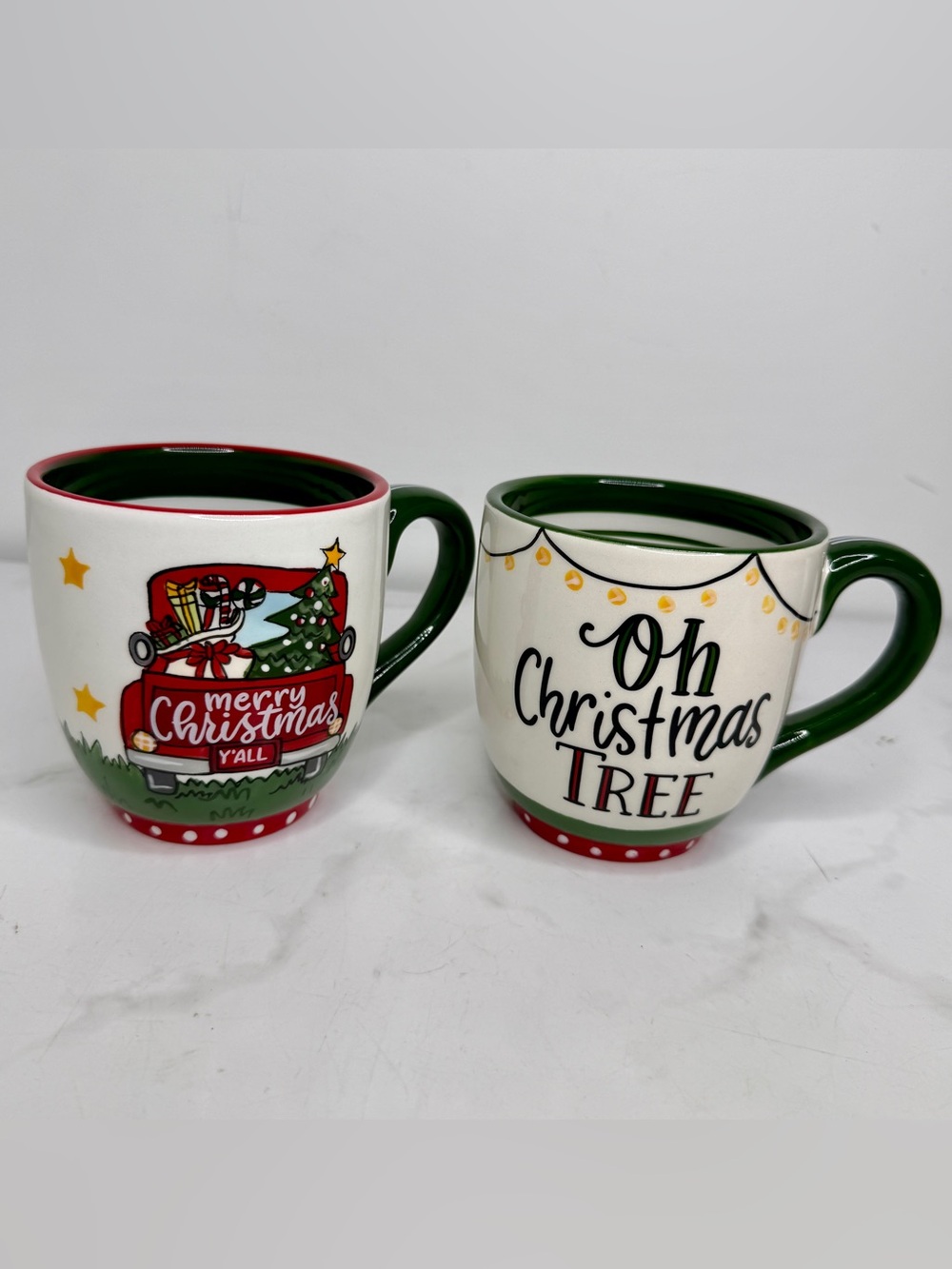 2 Jumbo Christmas Tree & Red Truck Mugs 16 ounces